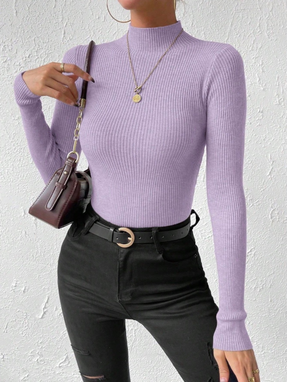 Lilac Purple Sweater Top Rib-Knit High Neck Long Sleeve